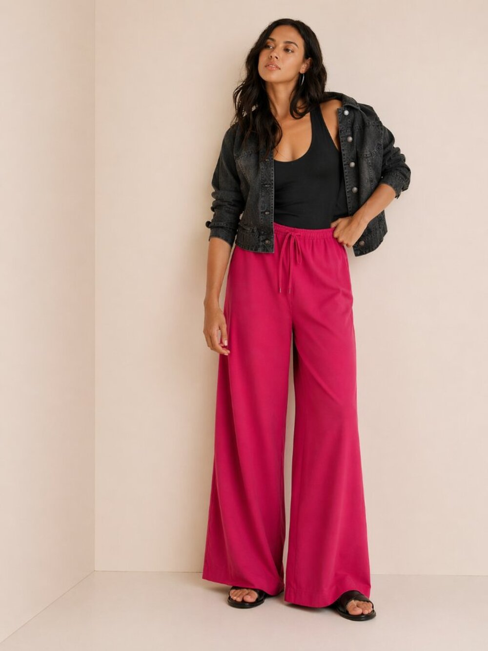 EUC Wide-Leg Drawstring Pants in Bright Raspberry